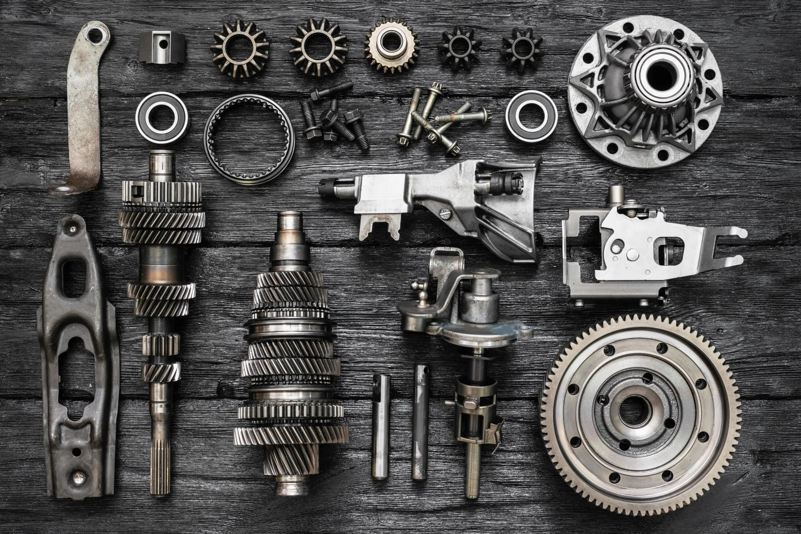 Mechanic bench with vehicle parts ready for inspection